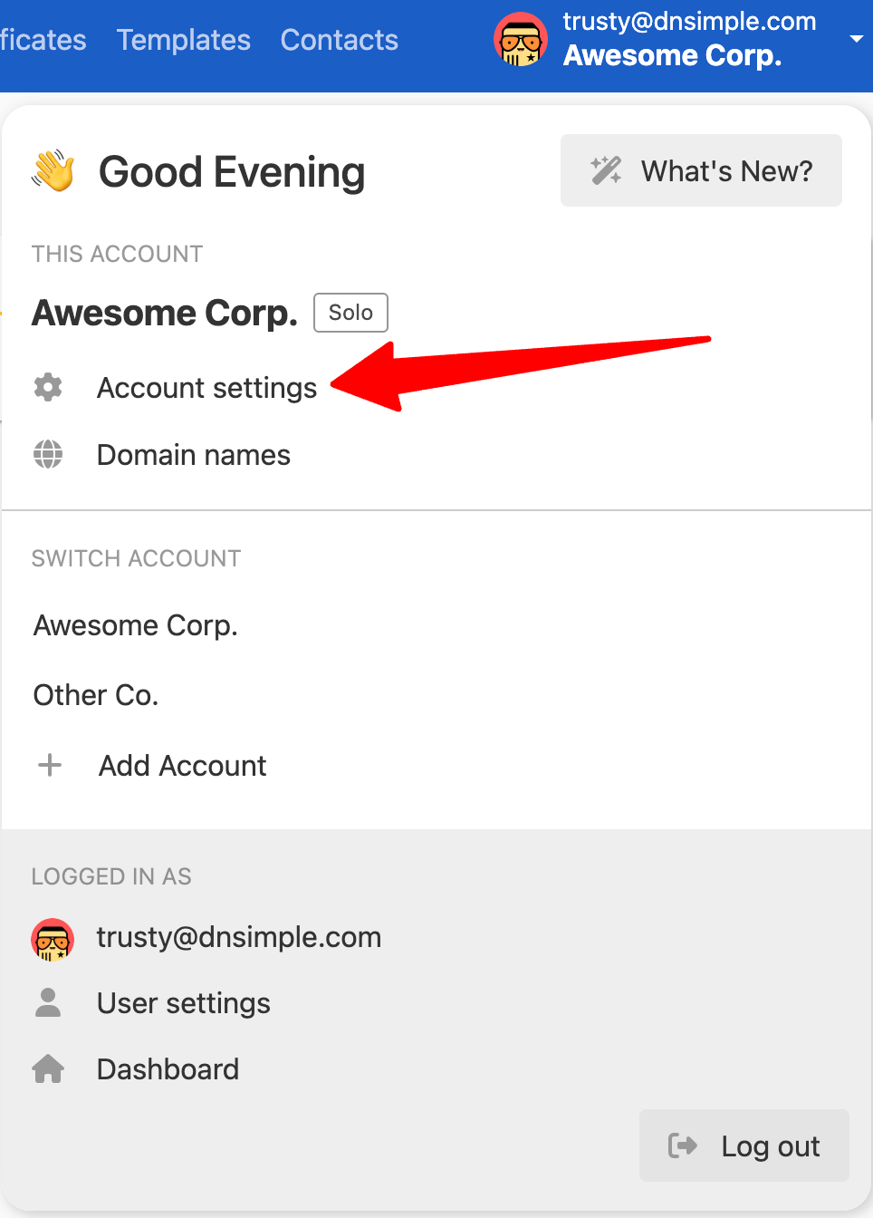 screenshot: account settings