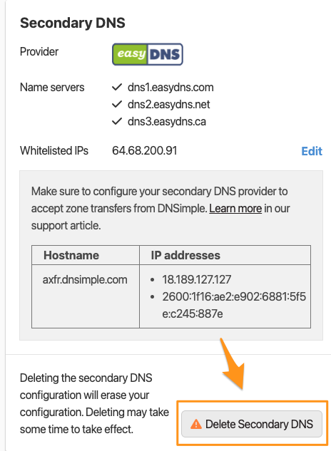 Delete Secondary DNS Configuration