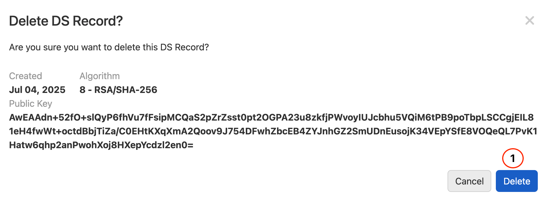 screenshot of confirmation for deleting DNSSEC