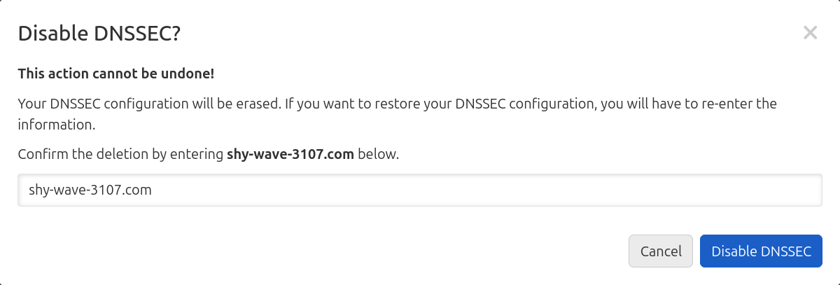 screenshot of confirming disabling of dnssec