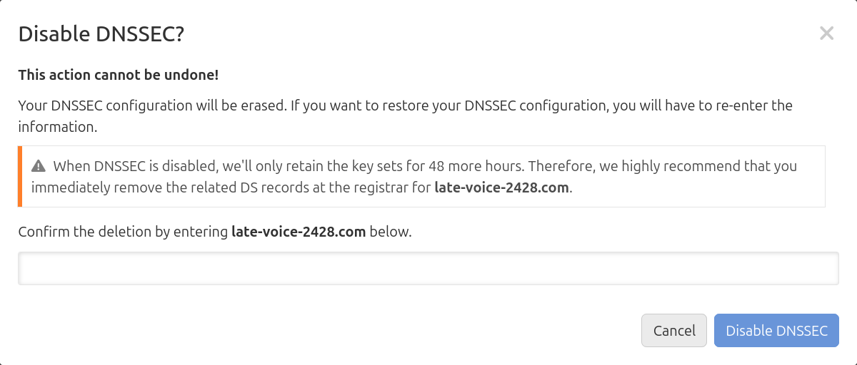 screenshot of confirming disabling of external domain dnssec
