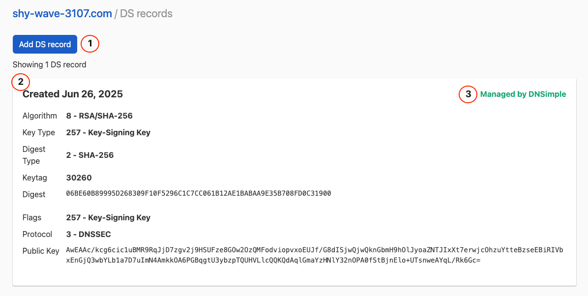 screenshot of managing DS records
