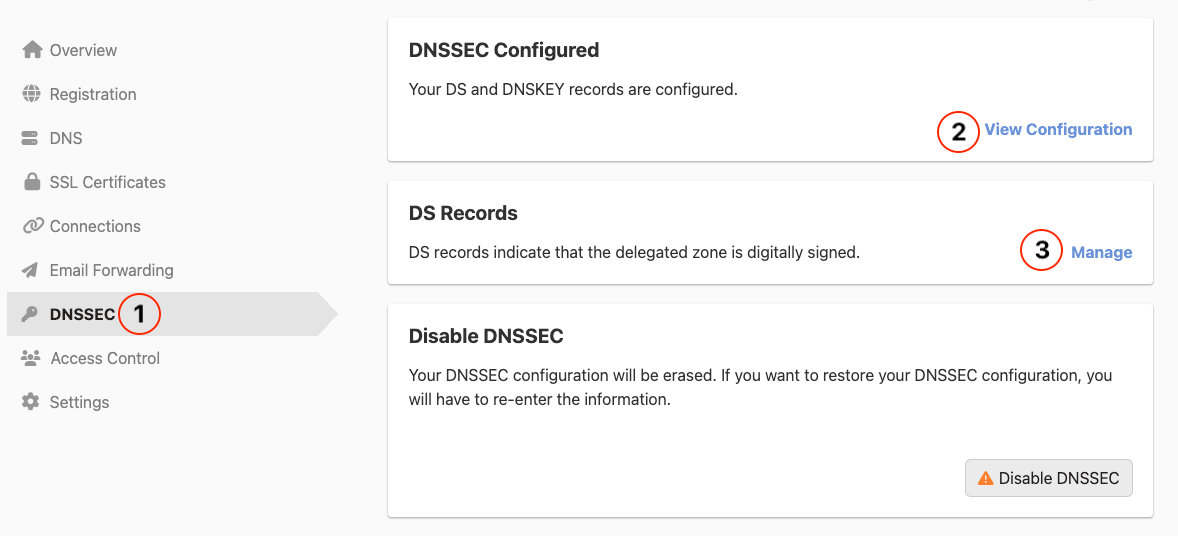 screenshot of UI for applying DNSSec to a domain