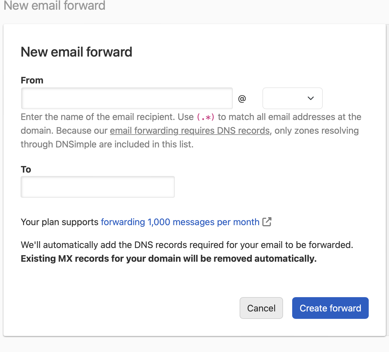 screenshot of new email forwarding