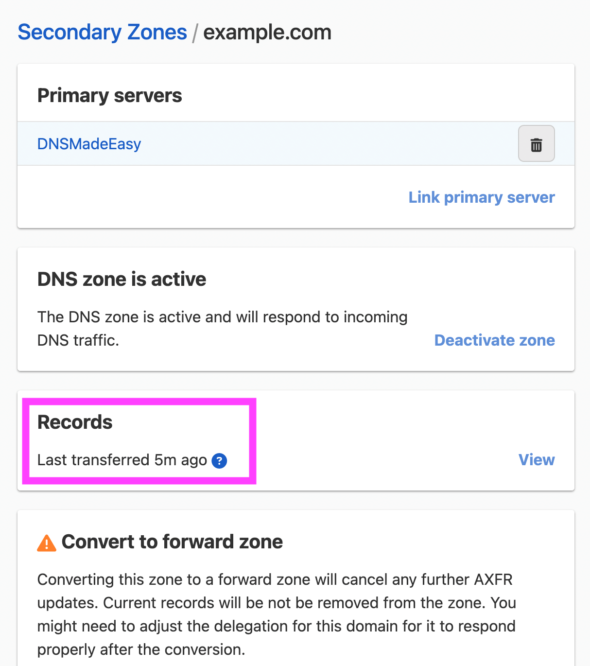 Secondary DNS zone synchronization