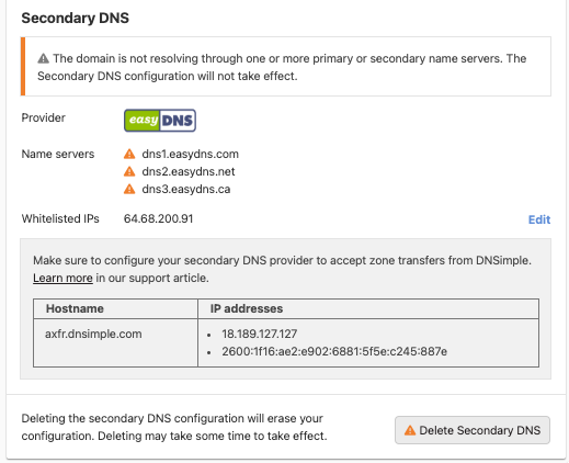 Secondary DNS warning