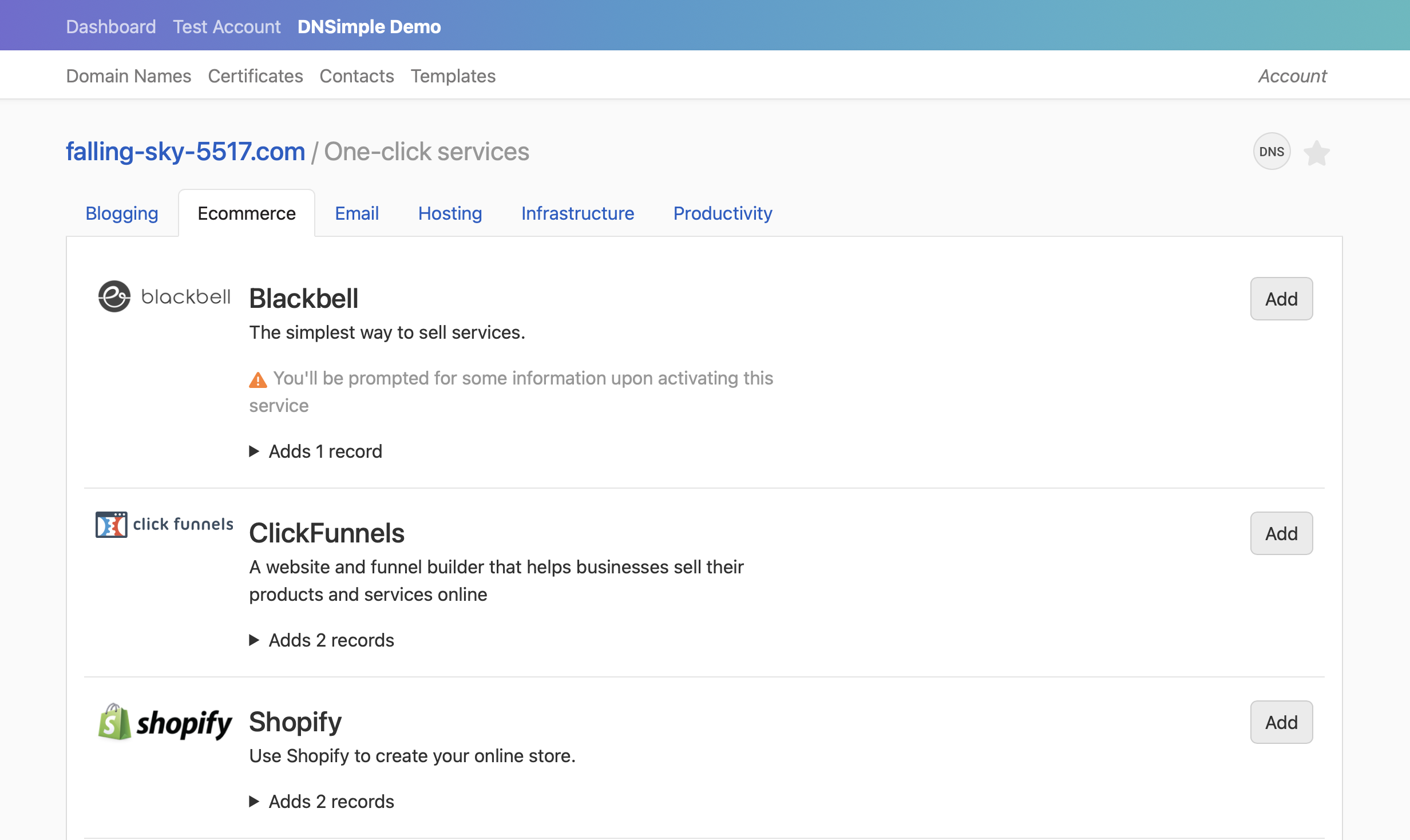 screenshot showing list of one click services