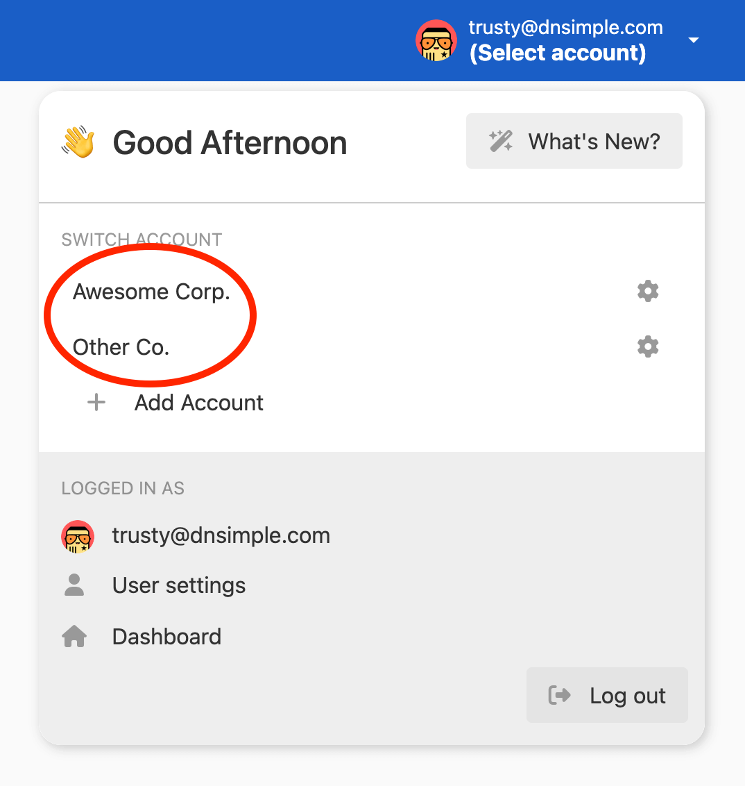 screenshot of switching accounts