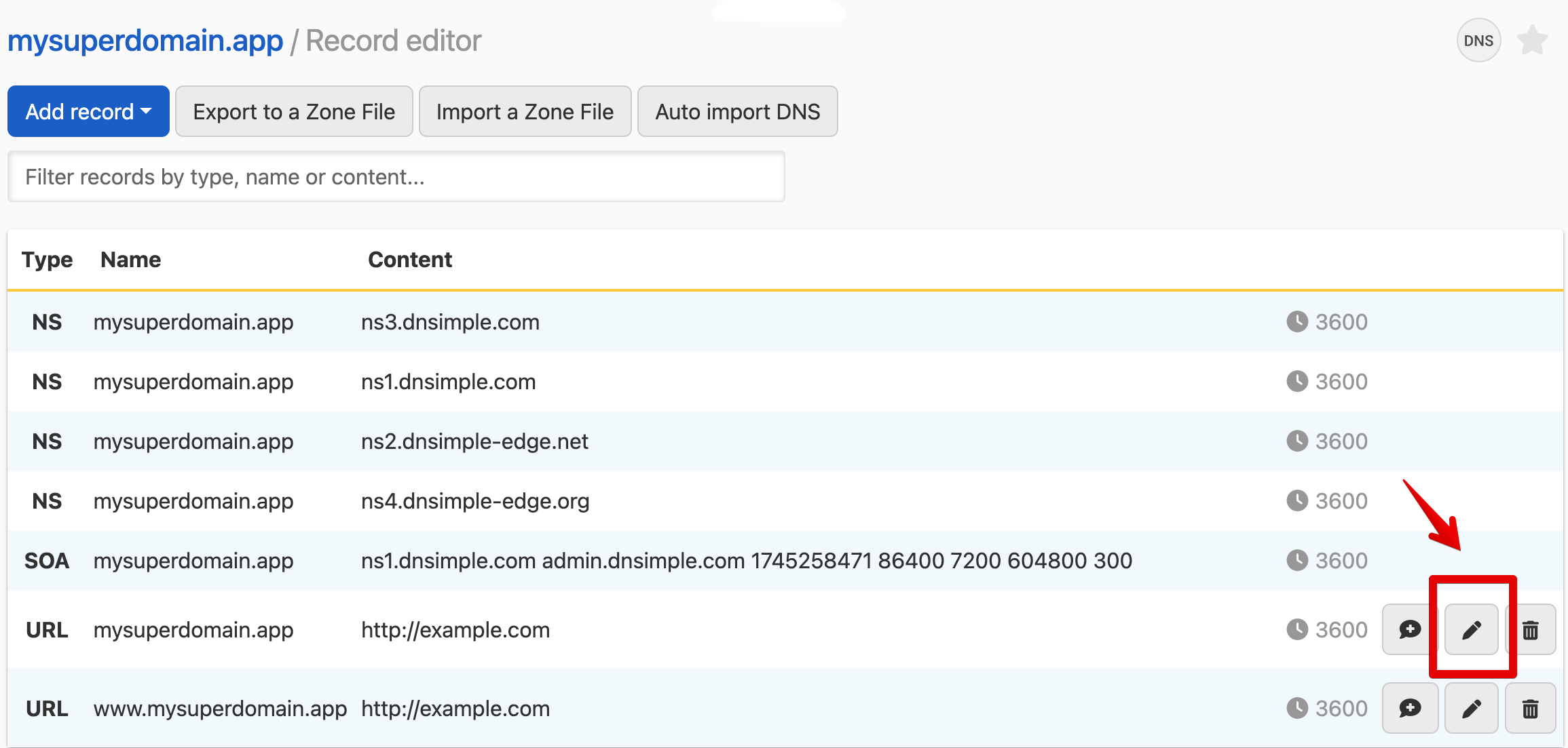 screenshot of how to manage TTL for DNS records