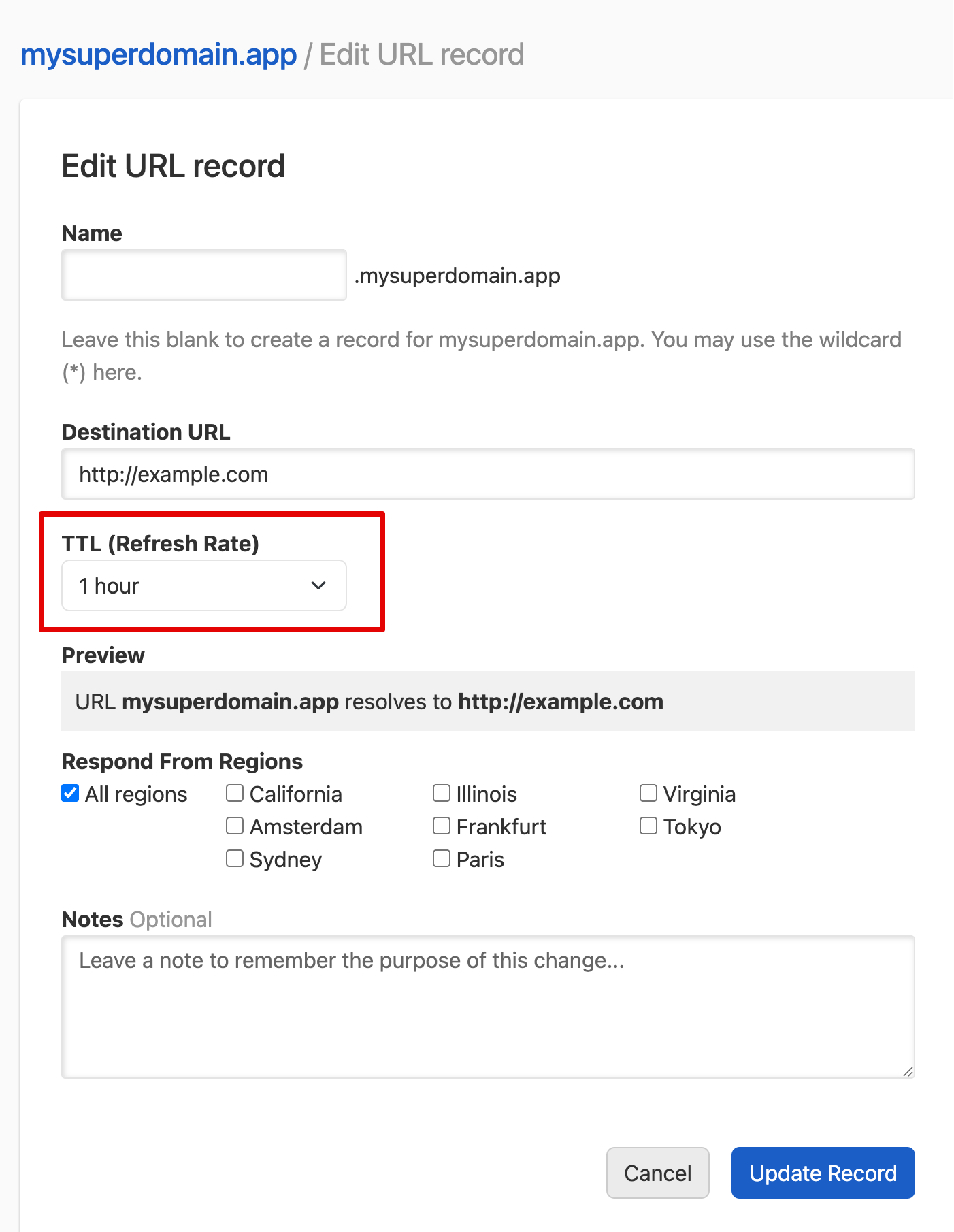 screenshot of editing your TTL for existing DNS record