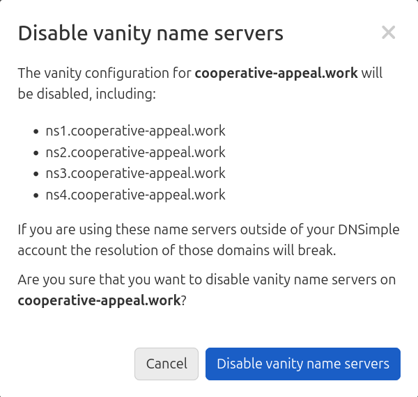 Disable Vanity Name Servers Confirmation