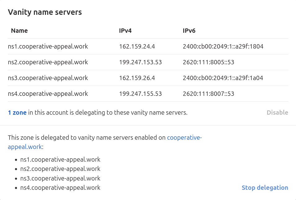 Vanity Name Servers Stop Delegation option